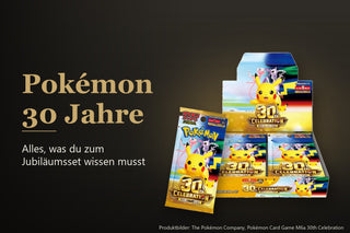 Japanische Booster-Box und ein Booster der Erweiterung 30th Celebration auf dunklem Grund mit dem Schriftzug Pokémon 30 Jahre